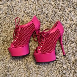 pink mesh lace up stripper heels